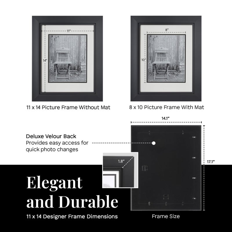 Old Town Designer Picture Frames, 11x14 Picture Frame 2 Pack with Deluxe Velour Back and Removable 8x10 Mat, Photo Frame for Desk or Wall Decor, Made from Post-consumer EPS & Acrylic Glass, Black - Image 2